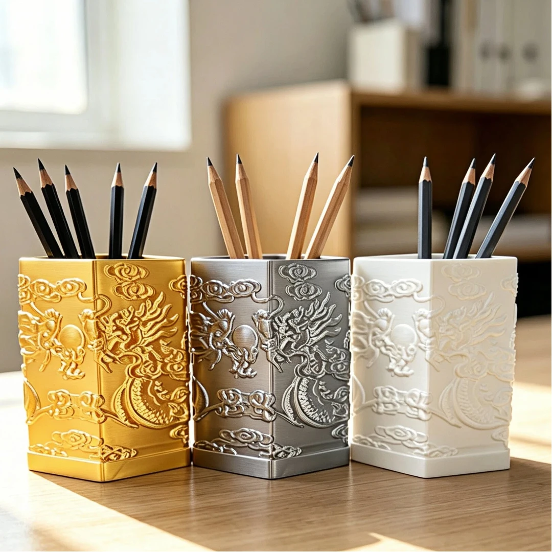 Hexagonal Dragon Relief Pencil Cup Chinese Style Cloud Pattern Desk Organizer Vintage Carved Office Study Pen Holder