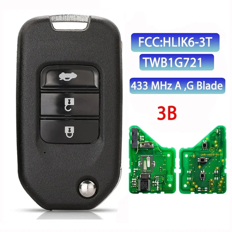 BB Key for Honda Accord Civic CRV Jazz XRV Vezel HRV FRV 433MHz ID47 Chip TWB1G721 HLIK6-3T 3 Buttons A/G Blade Remote Car Key