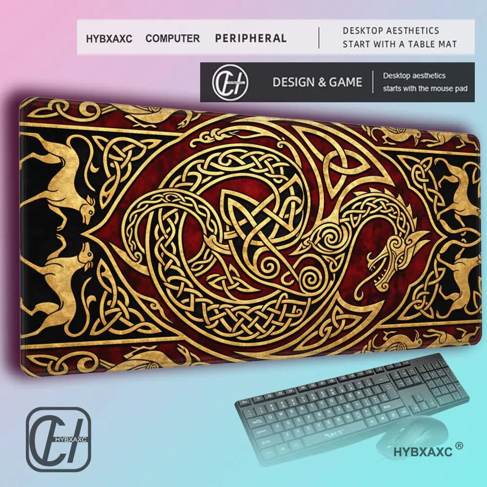 HYBXAXC Celtic Dragon Desk Mat, Medieval Knotwork Extended Mouse Pad, Gothic Red Gold Desk Decor, Fantasy Gaming Desk Accessory view 2