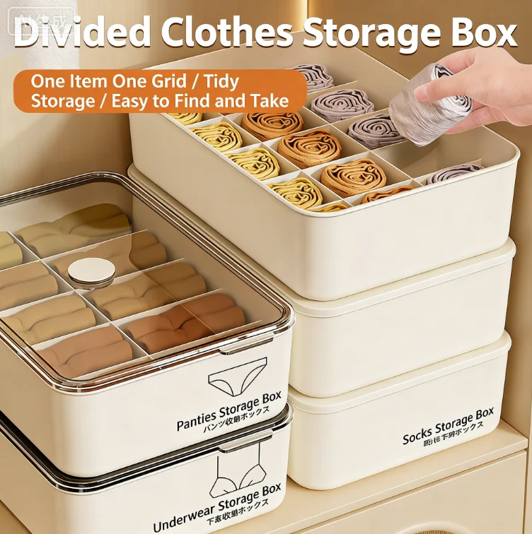 10/15 Grids Underwear Storage Box Case Classification With Cover Panties Socks Organizer Dustproof Stable Stacking
