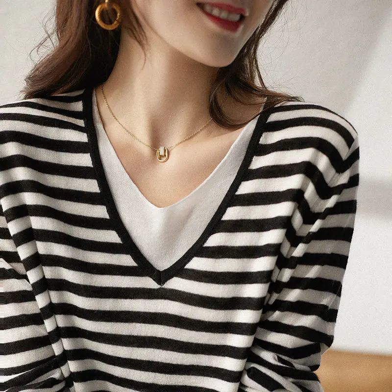 Spring Autumn Women\'s Clothing Pullover Crew Neck Patchwork Striped Long Sleeve Contrast Color T-shirt Casual Loose Elegant Tops