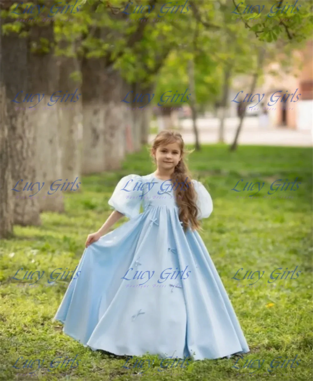 

Elegant Blue Satin Flower Girl Dress Fluffy With Bow For Wedding Ball Dresses Little Princess Birthday Bridesmaid Evening Gowns