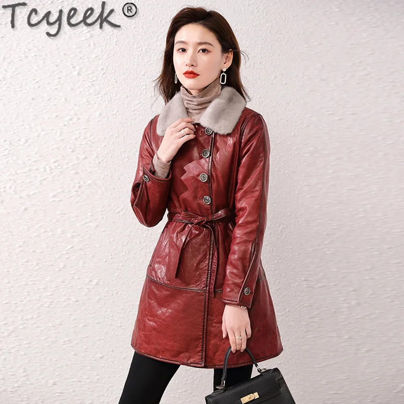 Tcyeek Genuine Leather Jacket Women Winter Clothes Warm Down Jackets Mid-long Sheepskin Coat for Woman Real Mink Fur Collar