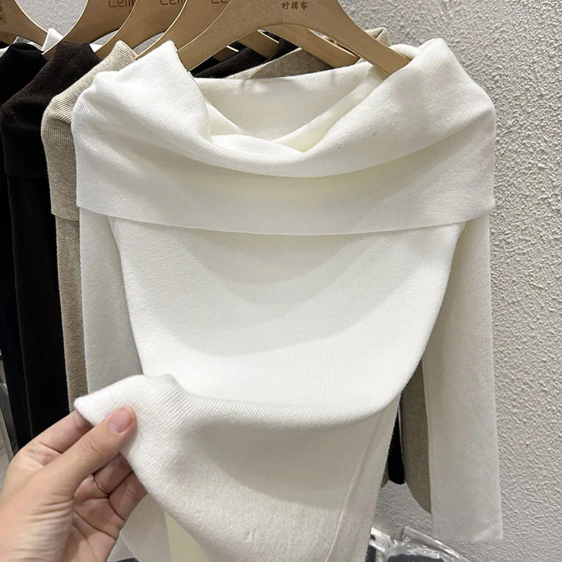 

Вязаный свитер, женские пуловеры, новый белый вязаный свитер с длинным рукавом и вырезом на шее, пуловер, женские топы, свитера, женская одежда Q1576