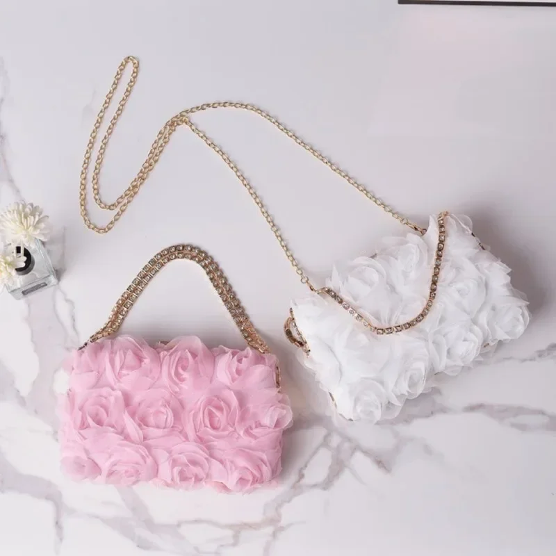 Sweet Flower Prom Party Evening Bags Pink Women's Wedding Bridemaid Purse Diamond Chain Chiffon Fower Clutch Soft Fabric Handbag