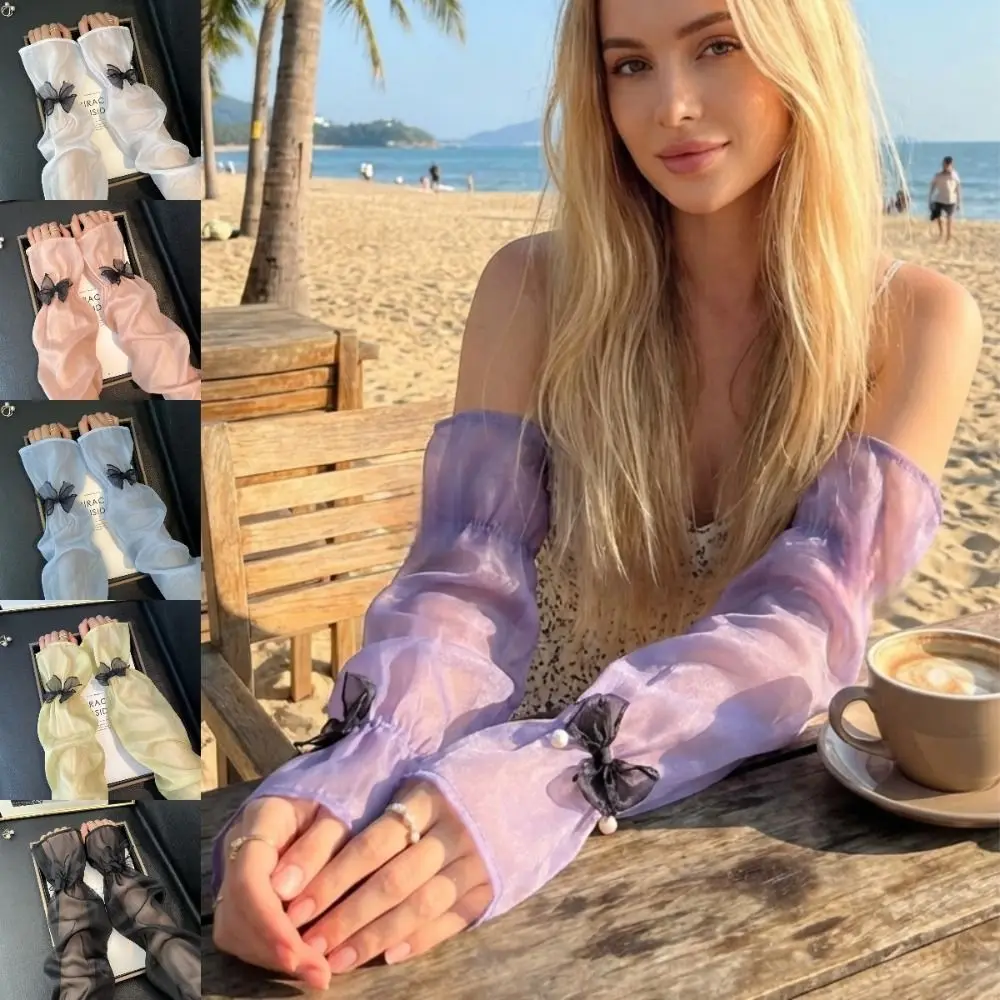Maniche da donna in seta ghiaccio con protezione solare e fiocco decorativo, stile fatato, vestibilità ampia, per l'estate e l'outdoor