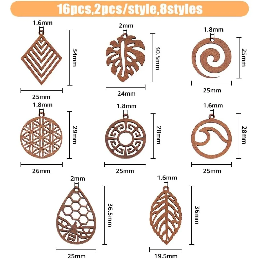 16Pcs Walnut Wood Pendants Undyed Hollow Charm Rhombus & Teardrop & Flat Round Mixed Shapes Camel 25~36.5x19.5~25x2.5mm
