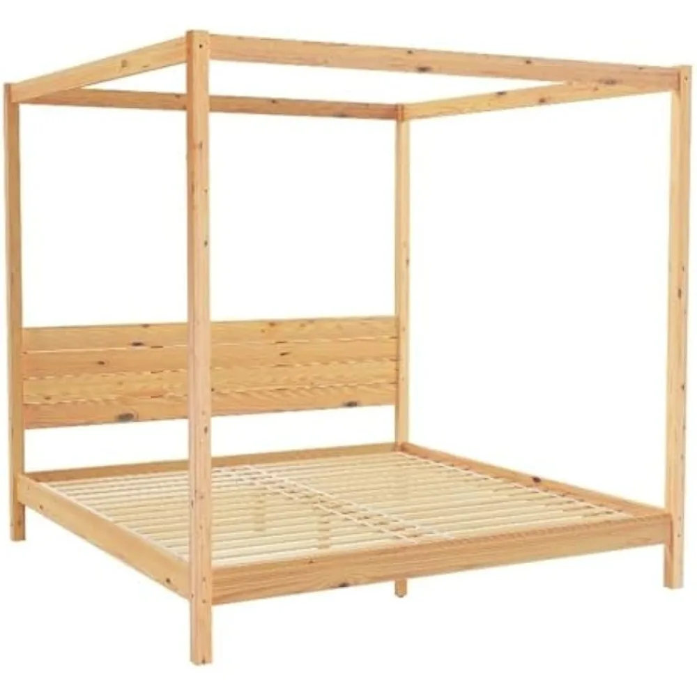 

Pemberly Row Wood King Size Canopy Bed with Slatted Headboard in Natural