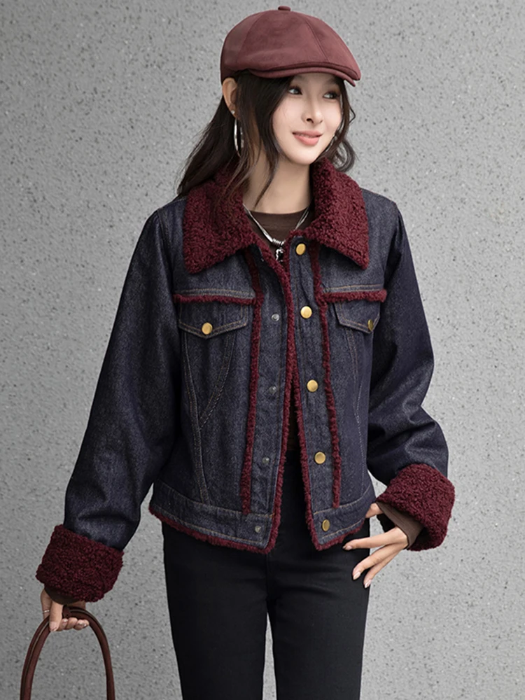 LANMREM Korean Style Women's Lamb Wool Coat Streetwear Turn-down Collar Color Block Female Denim Coats 2024 New Fashion 2DC1143