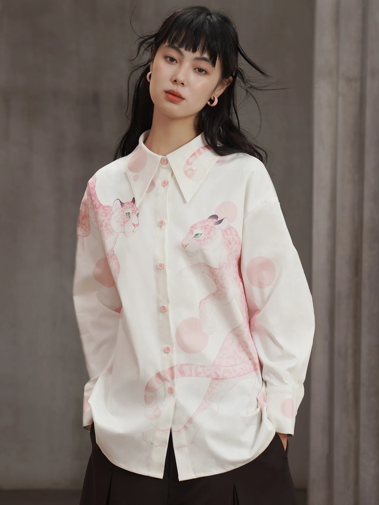 

Com Original Hand-Dn Pink Panther Print Loose Long Sve irt Sle Cotton Vintage Flipped Collar Top for Girls