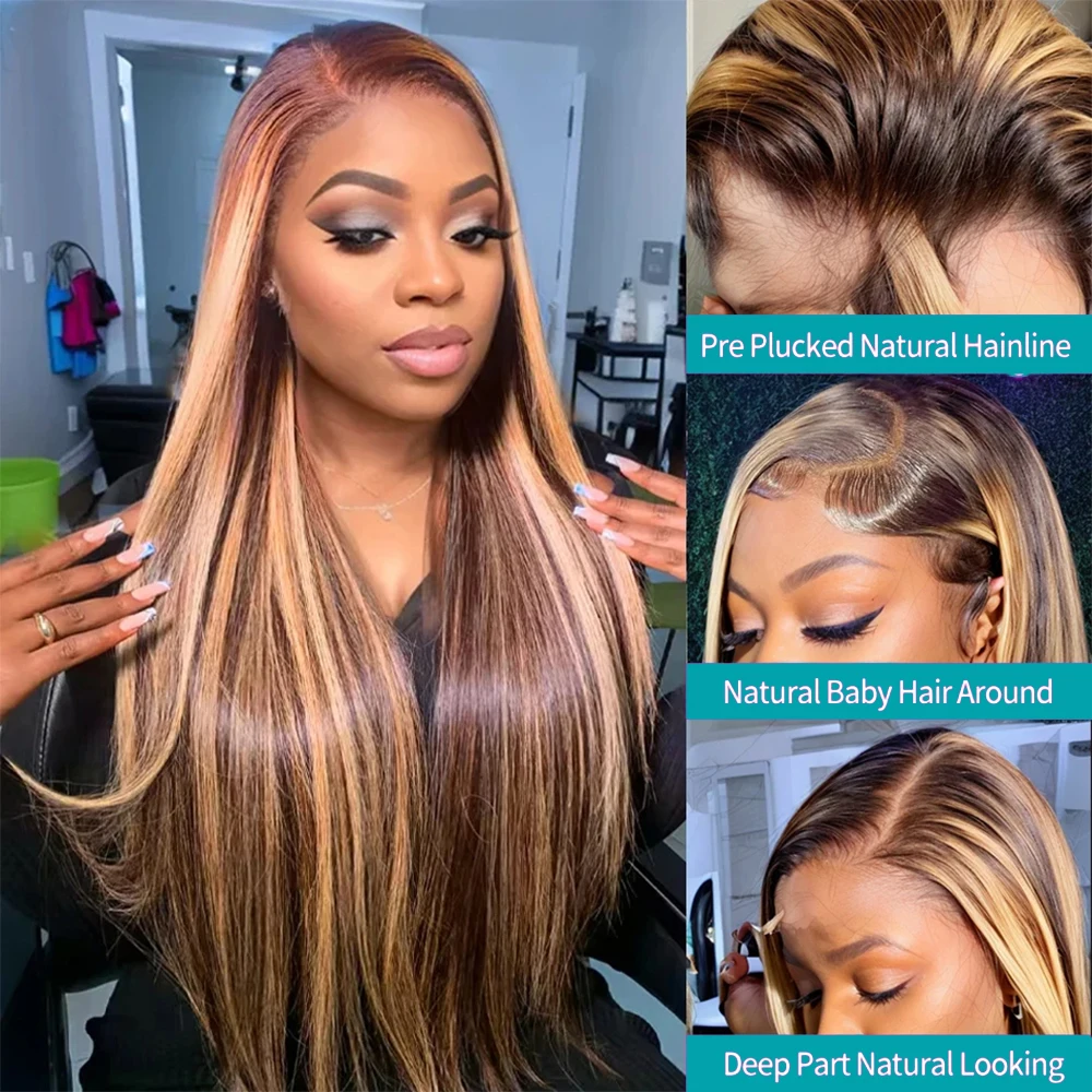 P4/27 Highlight Wig Human Hair 13x6 Bone Straight Lace Front Wigs Ombre Honey Blonde Colored Wig Pre Plucked With Baby Hair image 3