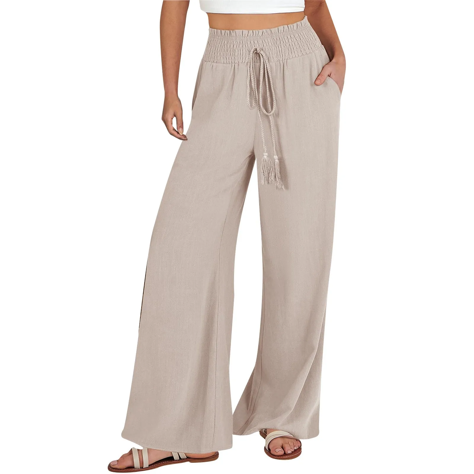 

Women High Waisted Wide Leg Pants Solid Color Drawstring Ladies Pants 2024 Summer Basics Palazzo Female Trousers