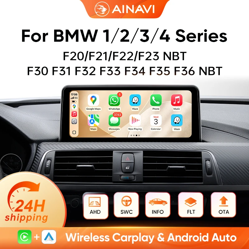 Autoradio multimédia avec écran tactile HD IPS Ainavi pour BMW Série 1 F20‑F23 LHD/Série 3 F30‑F36 LHD RHD, système NBT, CarPlay sans fil, Android Auto, BT5.0, USB, SWC, fonctions d'origine d'usine conservées