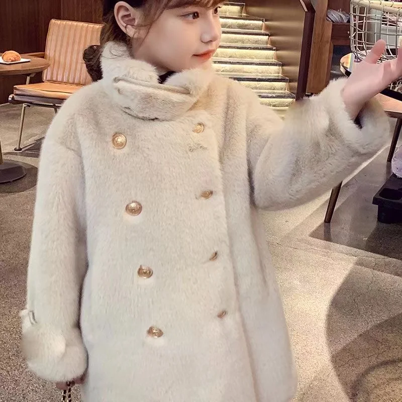 Imitation Mink Velvet Jackets Girls 2024 Autumn Winter New Loose White Casual Sweater Coat kids Jacket Girl Top