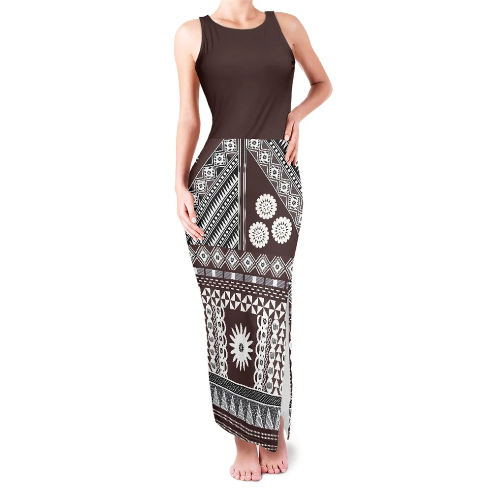 Summer Women Polynesian Tribal Clothing Samoa Fijian Hawaiian Tapa Print Bodycon Sleeveless Tank Slit Evening Party Dresses