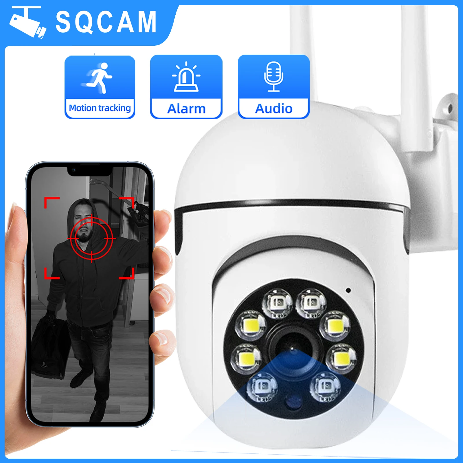 SQCAM 와이파이 생존 카메라, 야외 오디오, 양방향 4X 디지털 줌, 야간 투시경, 가정용 와이파이 보안 카메라