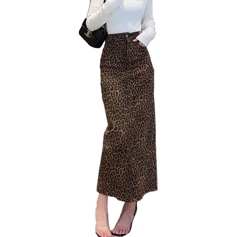 Fashion American Retro Leopard Print Skirt High-waisted Slimming Straight-leg Loose Pear-shaped Figure Sweet Hit Early Autumn