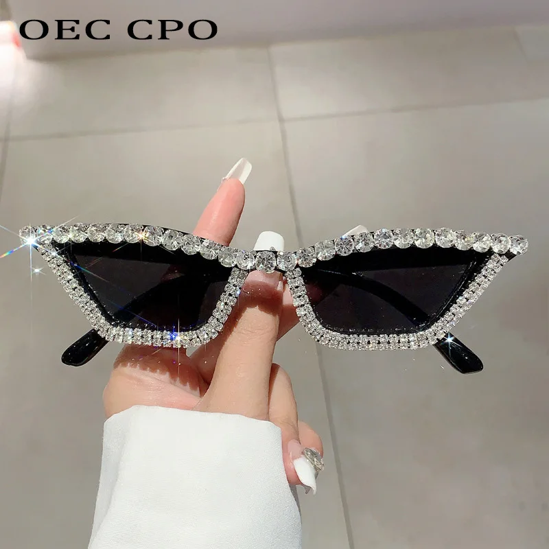 

OEC CPO Fashion Rhinestone Cat Eye Sunglasses Women Brand Designer Diamond Shades UV400 Sun Glasses Female Black Pink Eyewear
