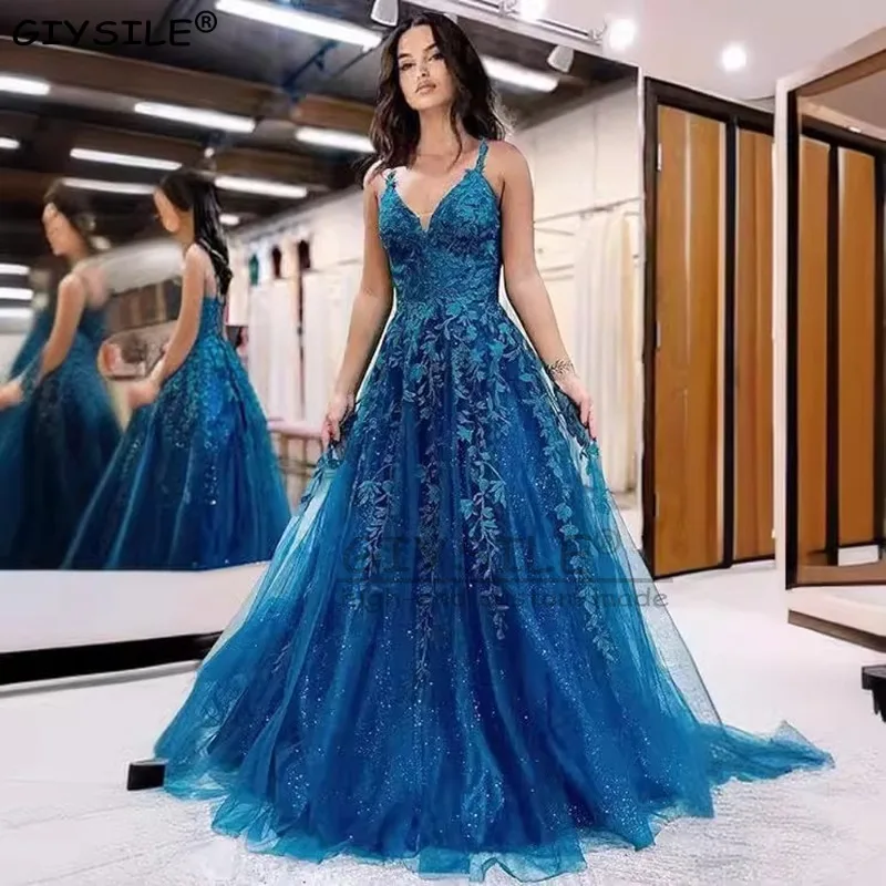 

GIYSILE Customized Navy Blue Prom Dress 2025 A Line Lace Appliques Bodice Evening Dresses Long Deep V-neck Sexy Party Gowns
