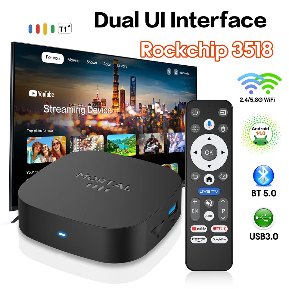 8K Voice Assistant 2026 New T1+ RK3518 Smart TV Box Android 8GB RAM 128GB ROM BT5.4 WiFi 2.4G 5.8G Streaming Media Player