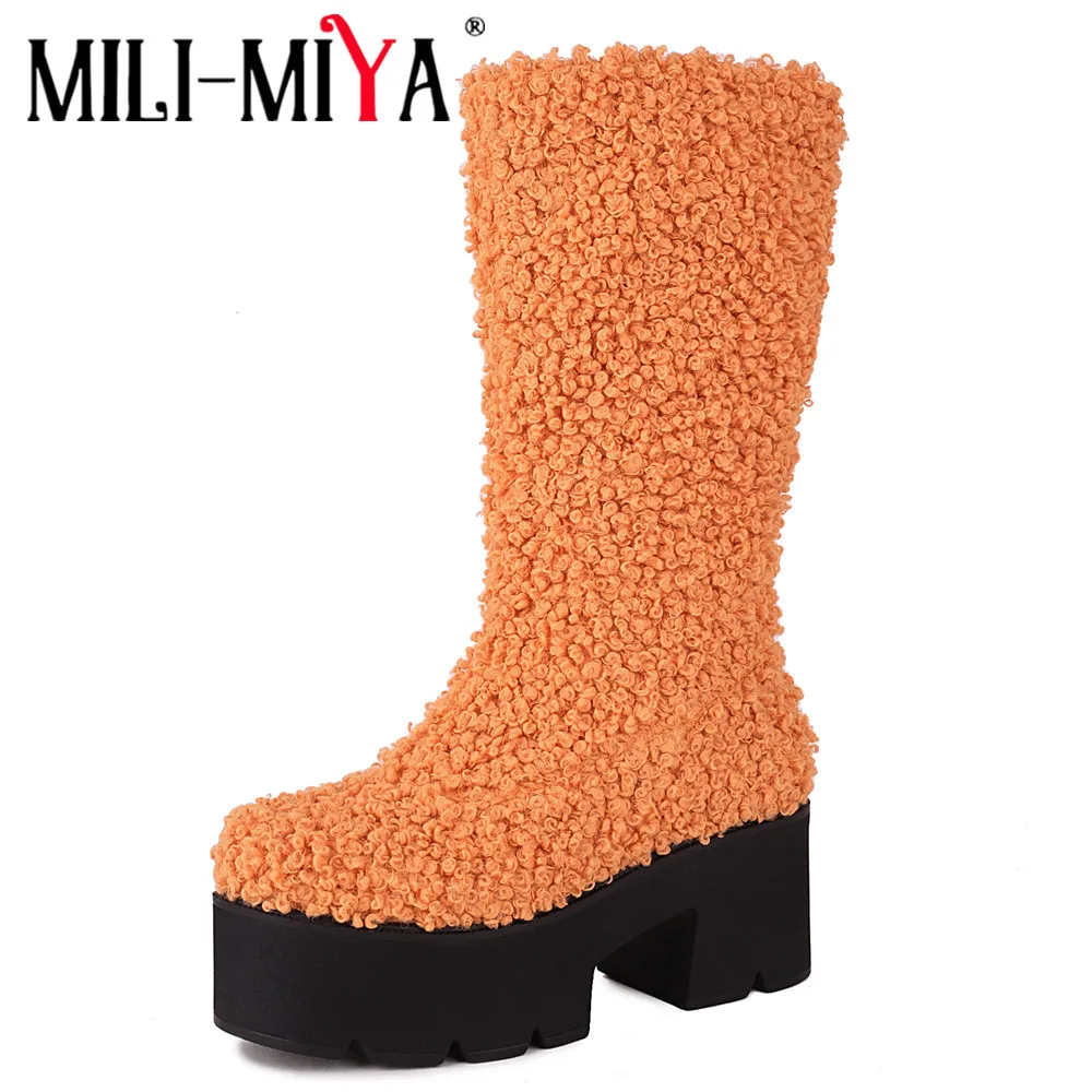 

MILI-MIYA New Arrival Slip On Women Flock Mid Calf Boots Round Toe Platform Thick Heels Solid Color Plus Size 34-42 Warm