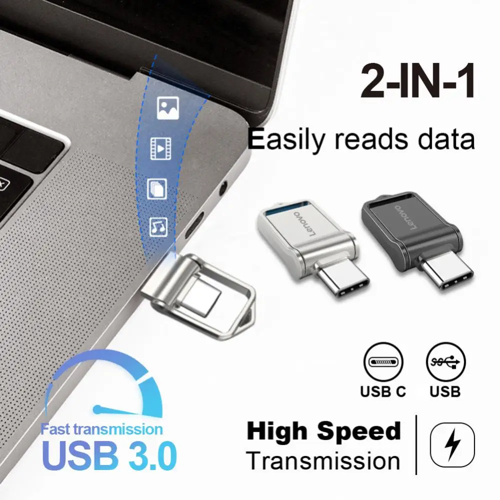Lenovo-USB 3.0 Flash Drive, Memory Stick, Pendrive, Disco de Metal U, Caneta OTG, Logotipo Livre, Presentes de Reunião, 128GB, 256GB, 512GB, 16GB, 32GB