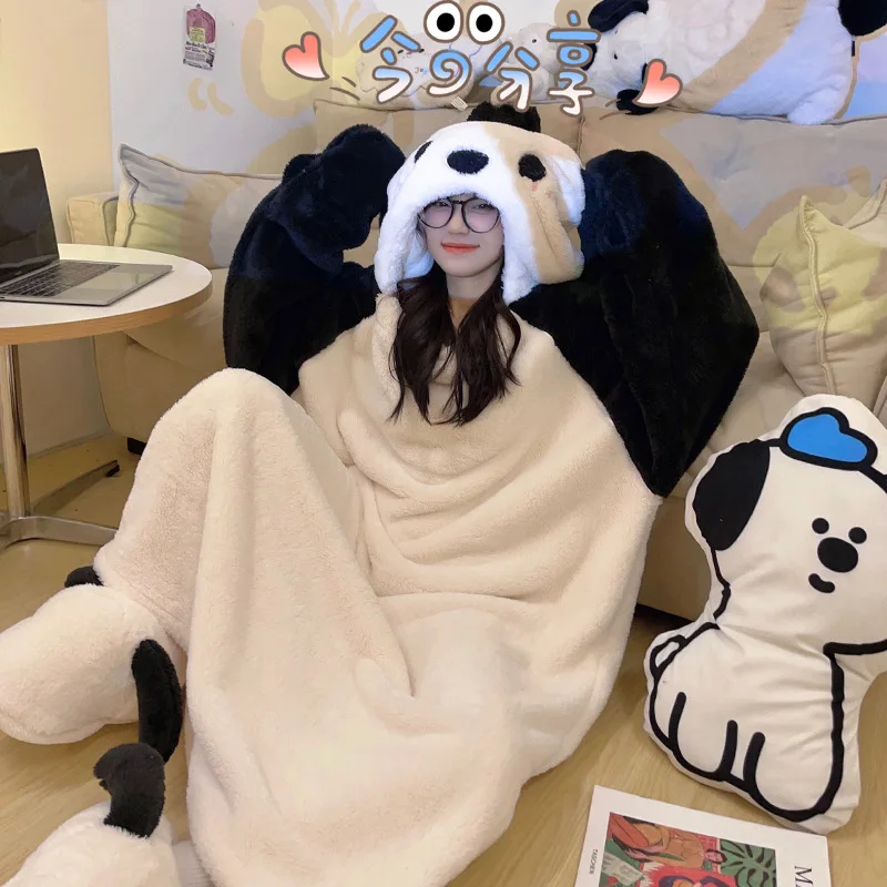 2Pcs Kawaii Hangyodon Plush Pajamas Cartoon Sanrios Autumn Winter Keep Warm Nightgown Slippers Long Thickened Hooded Loungewear