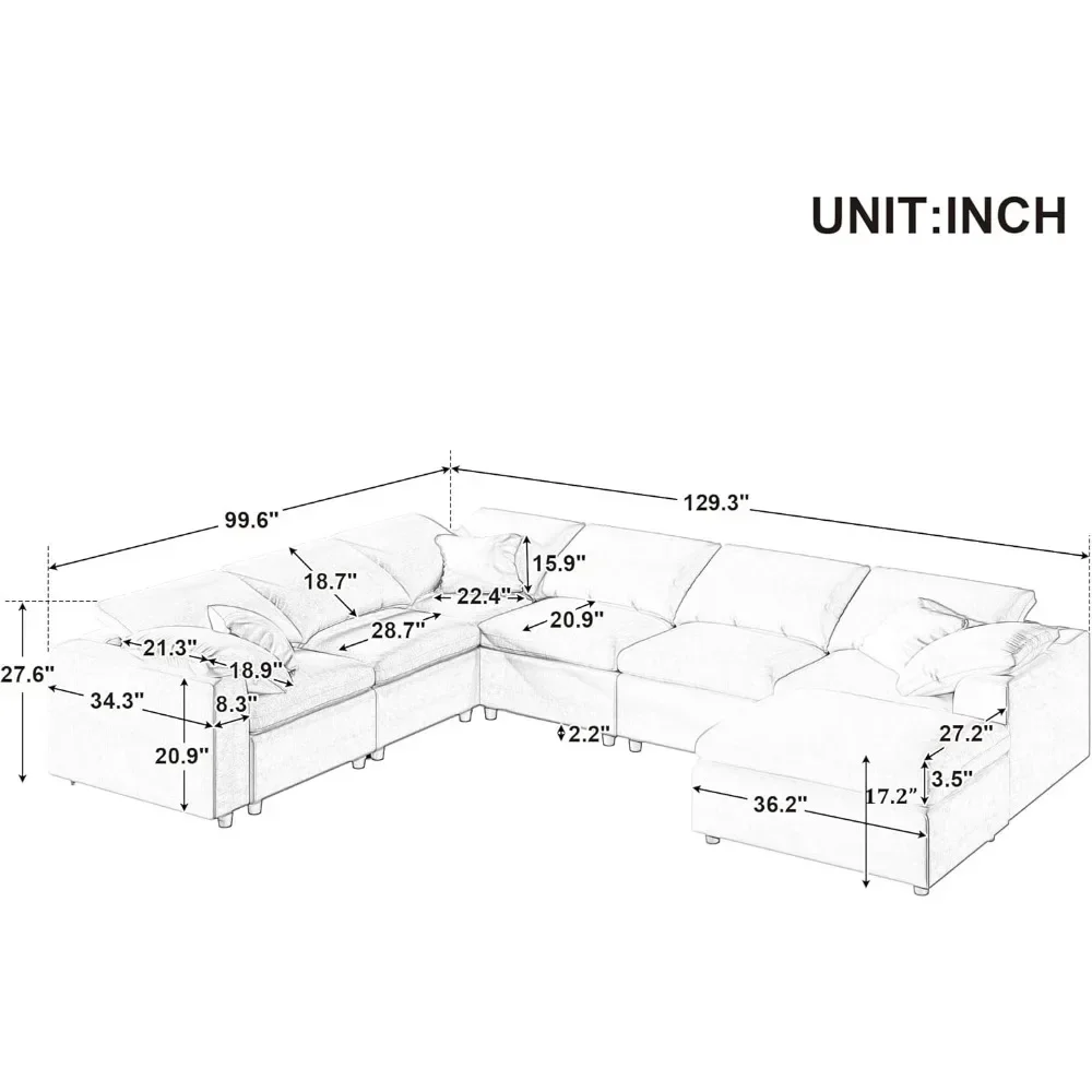 U Shaped Couch with Movable Ottoman, Large 7 Seater Corner Sofa for Living Room, Office, Spacious Space, Beige