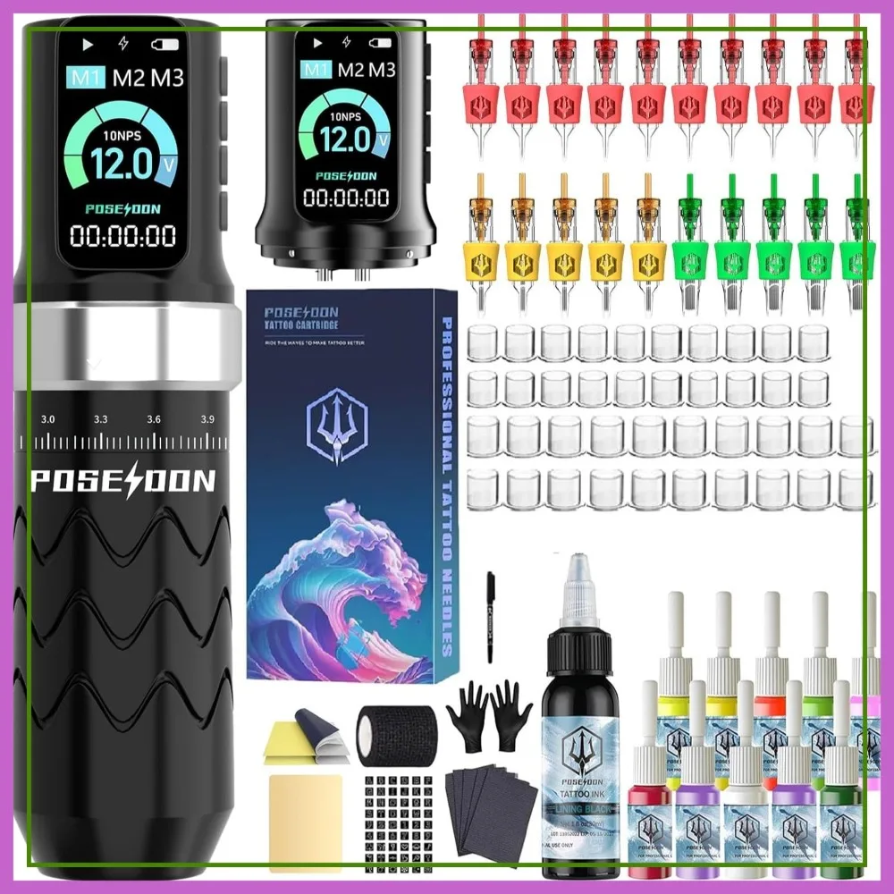 

Wireless Tattoo Pen Kit with 2 Batteries, 20 Cartridge Needles, 7 Stroke Settings, LED Display