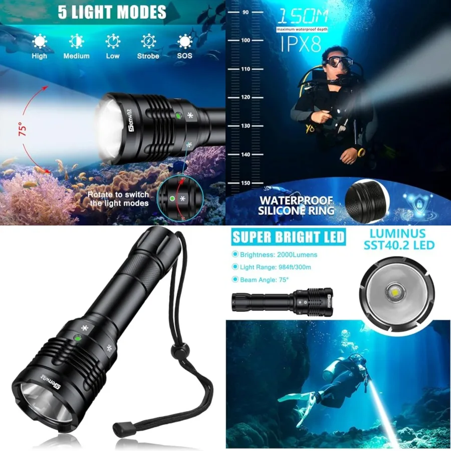 

Dive Light, 2000 Lumen Waterproof Flashlight with 5 Modes, Underwater Flashlight with Battery Power Indicator GN-T45