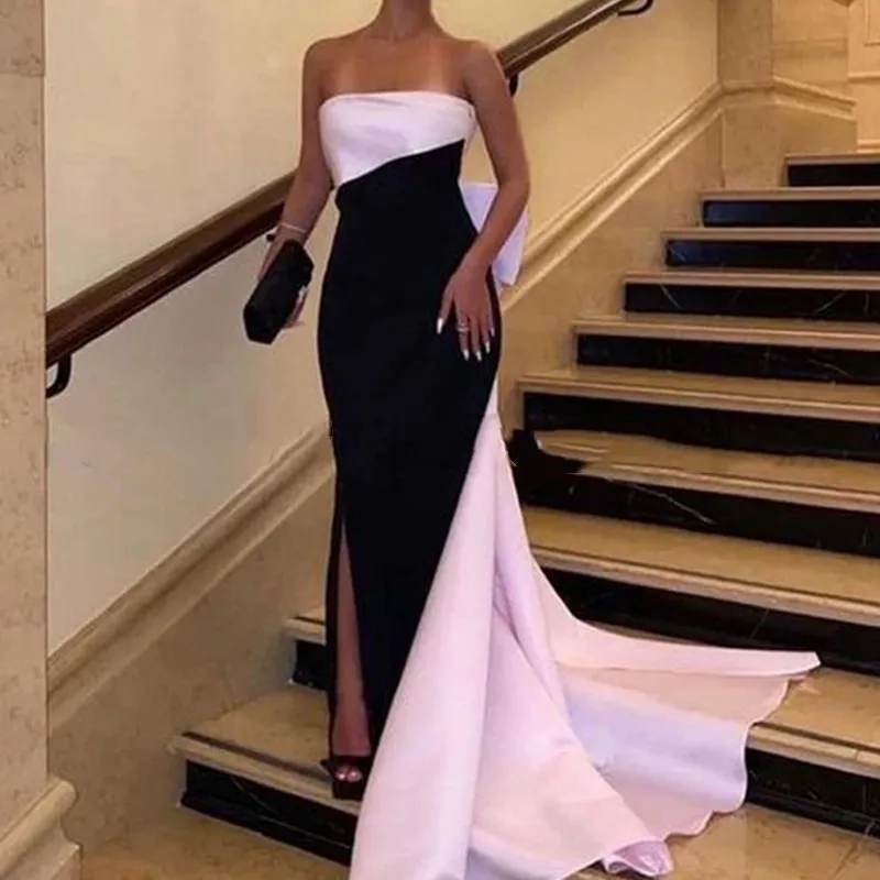 

Aleeshuo Simple Black Mermaid Evening Dresses Satin Strapless Pleated Sleeveless Backless With Bow Side Slit Prom Dresses 2024