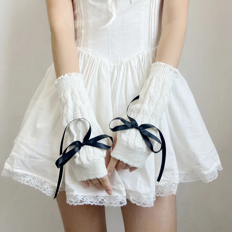 

Lovely Knitted Bowknot Half Finger Gloves Sweet Girl Arm Sleeves Hand Warm Elastic Decorated Handcuffs Party Accessories