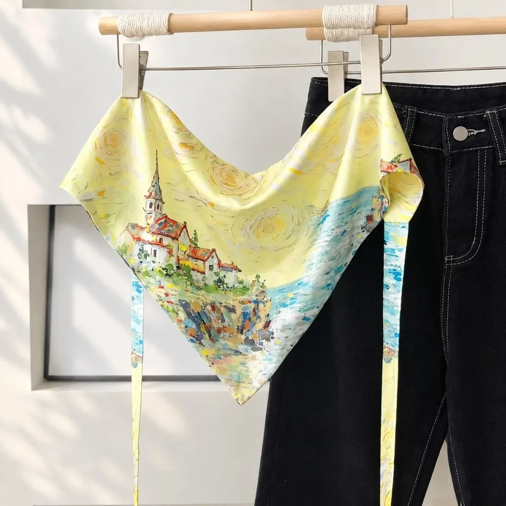 Landscape Print Irregular Scarf Belt Satin Self Tie Bow Waist Sash Scarf Unisex Multifunctional Silk Scarf Belt For Dress Pants