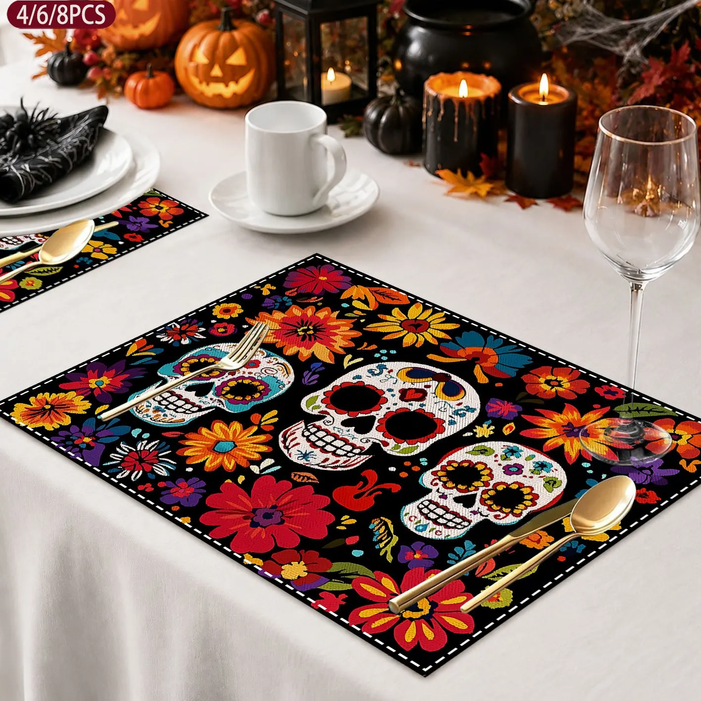 Flower Skull Placemat Halloween Candy Skull Placemat Mexican Day of The Dead Skull Placemat Party Dining Kitchen Decoration