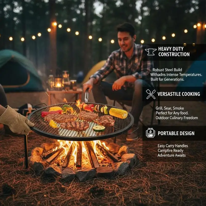 Black Round Cooking Grid 36 Inch For Campfire Party Gathering Heavy Duty Steel Support X Wire Handle Portable Camping Cookware Outdoor Backyard Picnic BBQ Accessory High Capacity Grill Surface Metal Mesh Replacement Outdoor Culinary Tool view 5