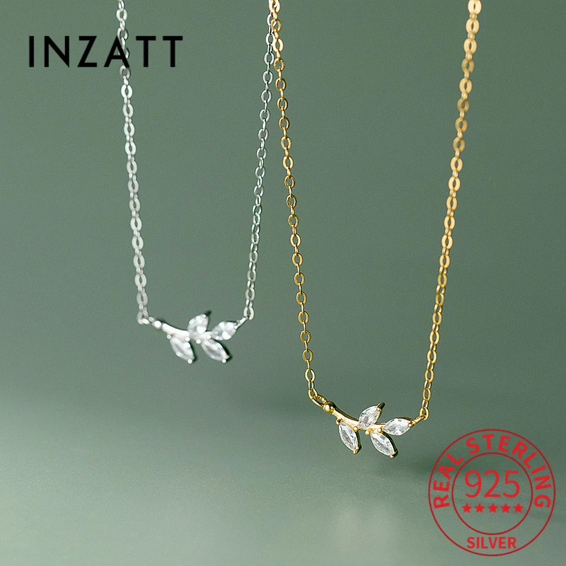 INZATT Real 925 Sterling Silver Zircon Leaves Plant Choker Necklace For Women Classic Fine Jewelry Minimalist Bijoux