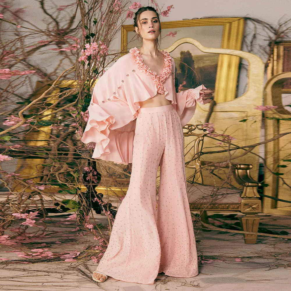 

High Quality Newest Fashion 2026 Designer Suit Set Women's Wood Ear Chiffon Shirt Shawl op Rhinestone Trousers Suit matching set