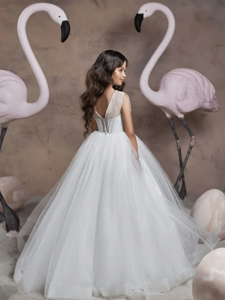 Custom Flower Girl Dress White Illusion Neck Floor Length Pearl Chain Sleeve Pleated Beaded Bodice Multi-Layer Air Tulle