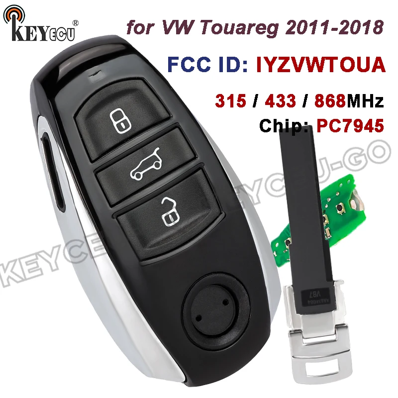 

KEYECU 315/ 433/ 868MHz PCF7945AC Chip 3 Button for Volkswagen Touareg 2010-2018 Replacement Smart Card Remote Key Fob