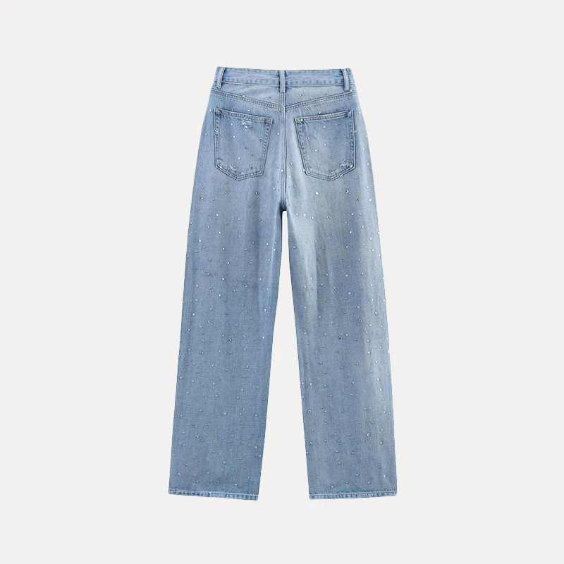 

Faionable High Waist Denim Jeans Women's Summer New Sle Diamond Decorated Wide Leg Pants Casual Long Trousers Polyester