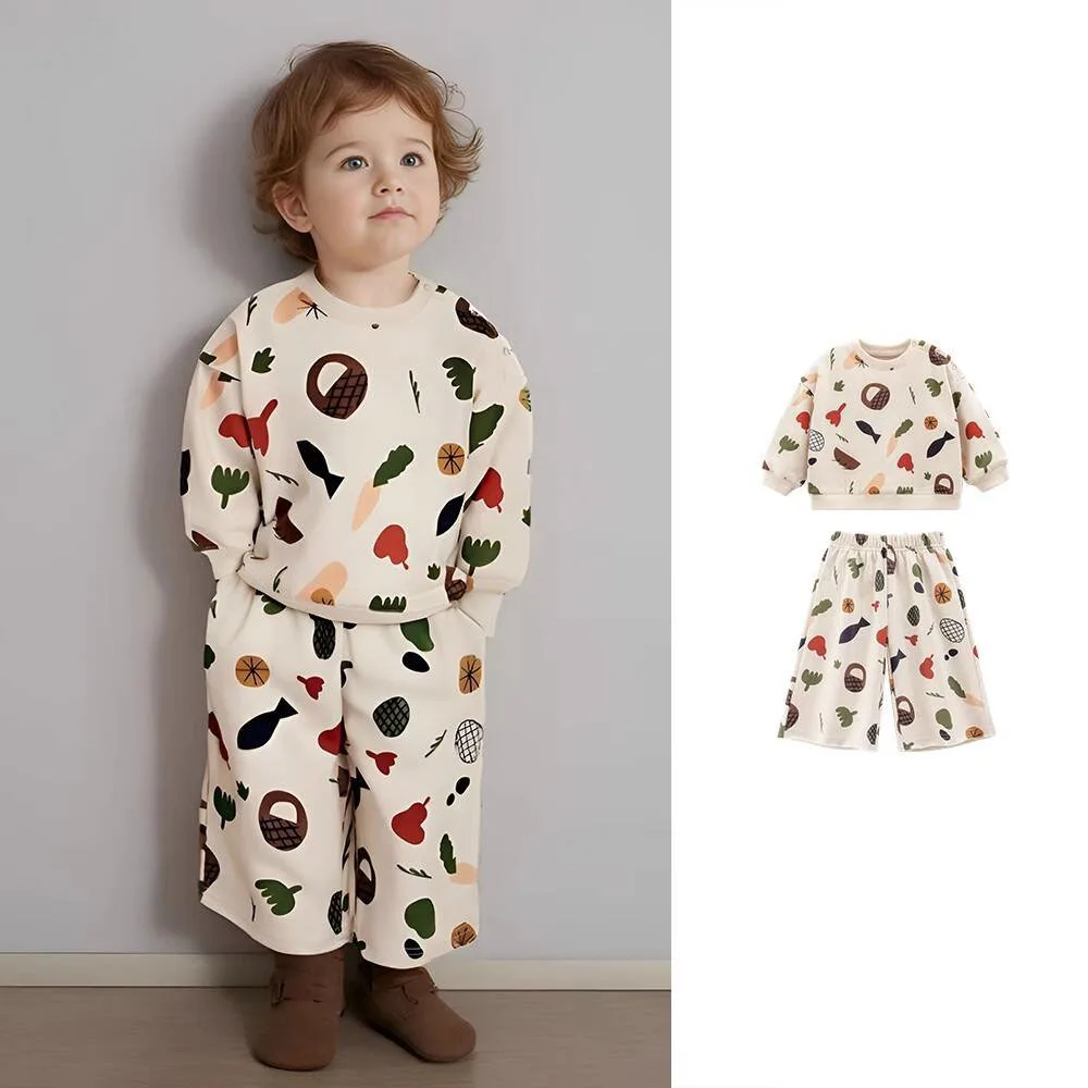 

Unisex Toddler Outfit Cartoon Veggie Print Sets Sweatshirt Bell Bottom Pants Spring Baby Clothing Set 1-4 Years