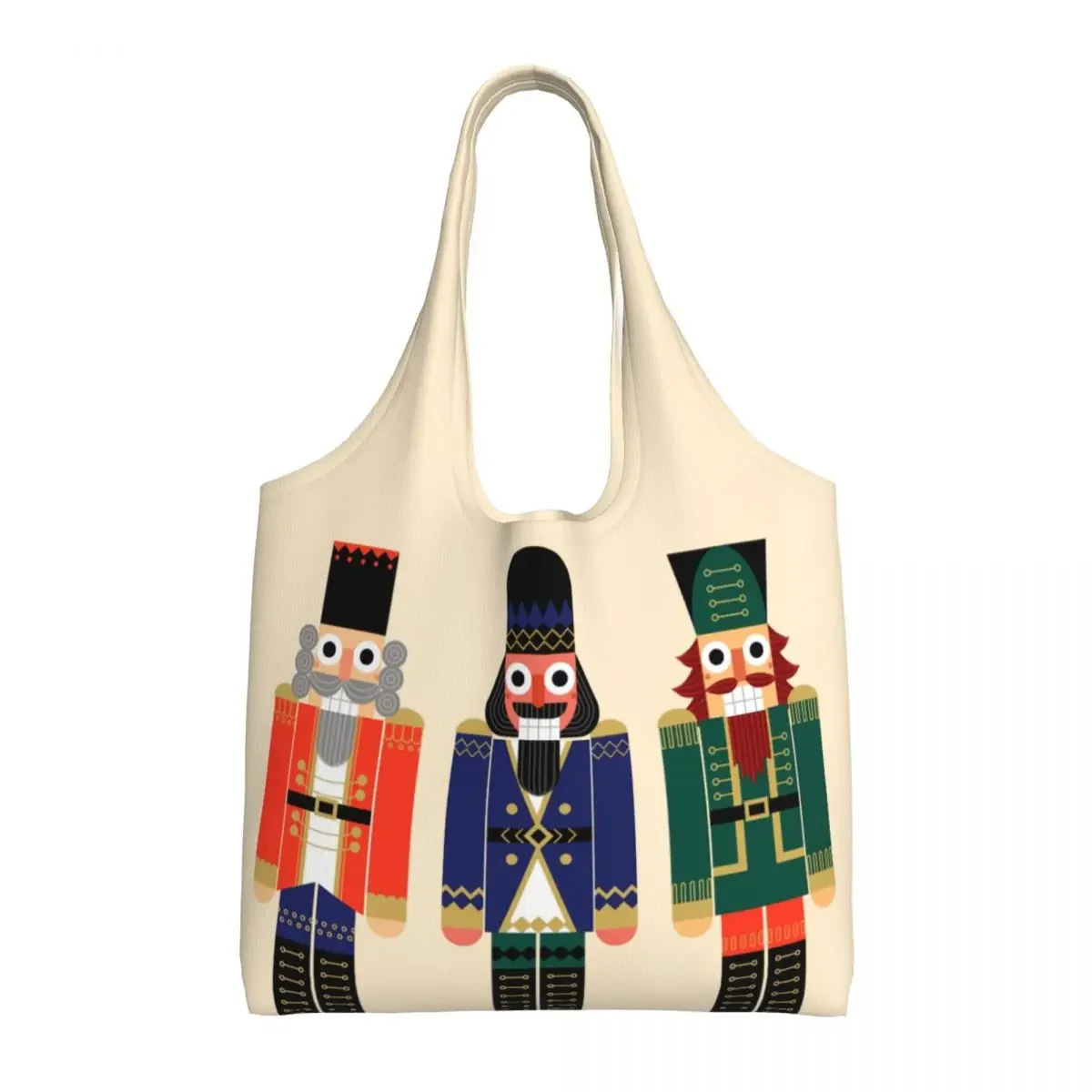 Reusable Cartoon Toy Soldier Christmas Nutcracker Shopping Bag Women Canvas Shoulder Tote Bag Washable Grocery Shopper Bags Gift