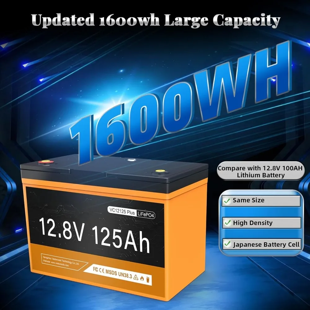 4Pack 12V 125Ah LiFePO4 Lithium Group 27 Battery 6000 Deep Cycles, Bluetooth APP and External Button, 1280W 100A BMS