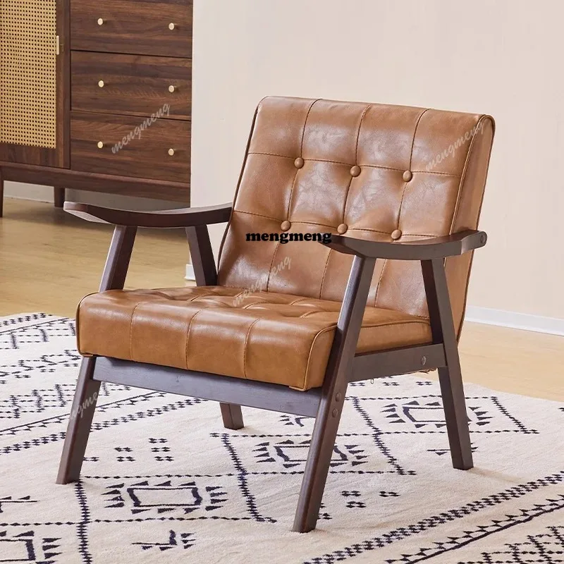 

Modern Vintage Living Room Leather Lounge Chair Elegant Relaxing Chair for Home Solid Wood Frame Armchair Living Room Furniture