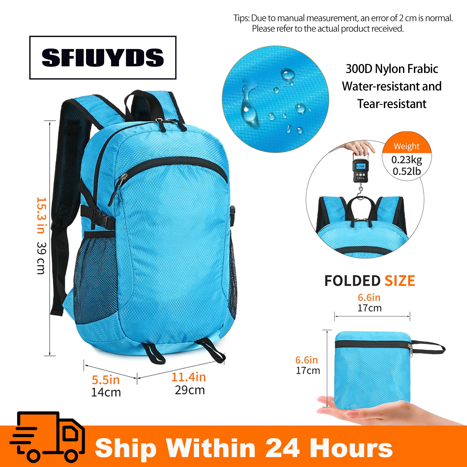 Mochila de nylon 300D de 15 litros, ultraleve, pesando apenas 0,24 kg. Mochila diária resistente à água e dobrável, que pode ser dobrada e colocada no bolso para viagens, atividades ao ar livre e uso diário.