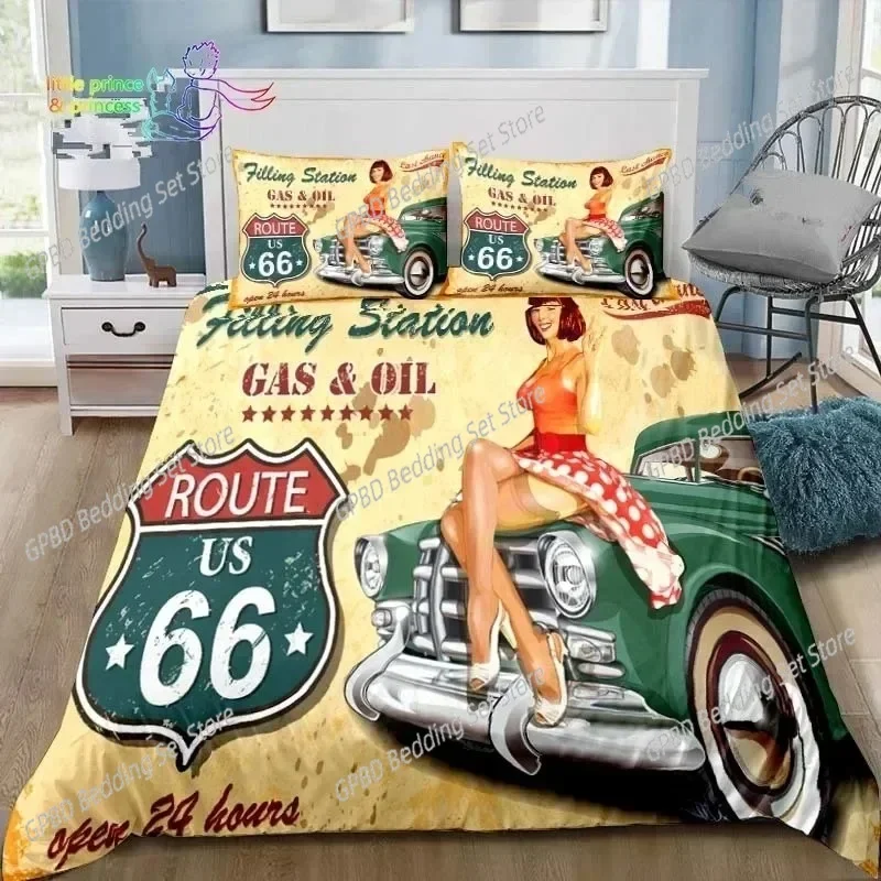 Historic American Route 66 Bedding Set Single Twin Full Queen King Size Bed Set Adult Kid Bedroom Bedding Gift