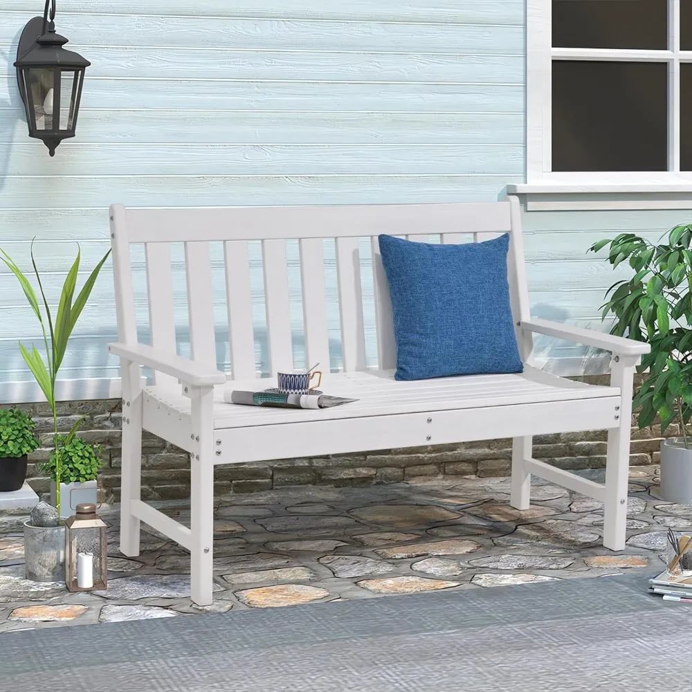 Outdoor Garden Bench, All Weather HDPE Patio Porch Bench with Faux Wood Grain Pattern, 2-Person Seat for Lawn, Park, Backyard