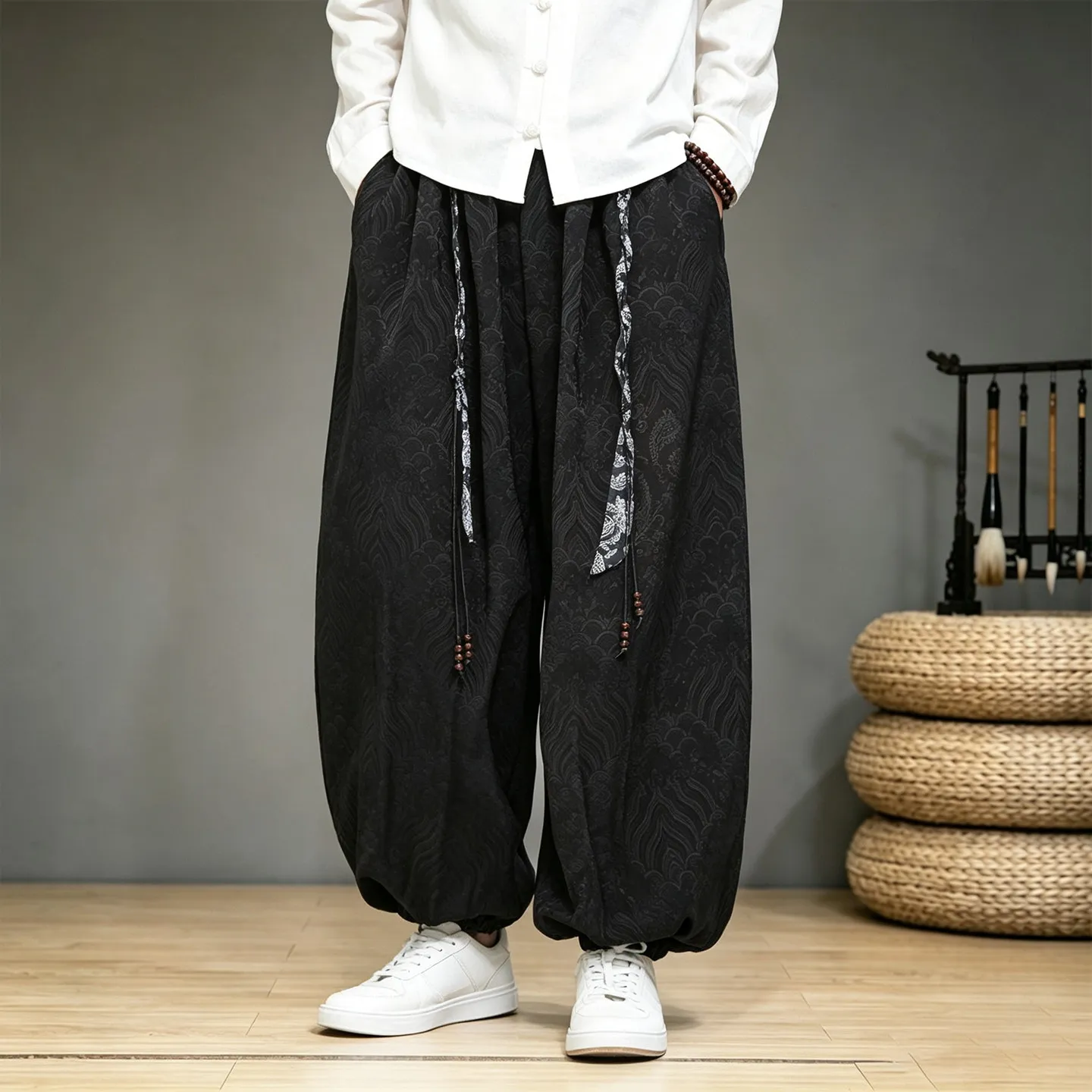 

Men Chinese Style Wave Jacquard Lantern Pants Women Spring Summer Loose Casual Elastic Waist Harem Pants All Match Trousers