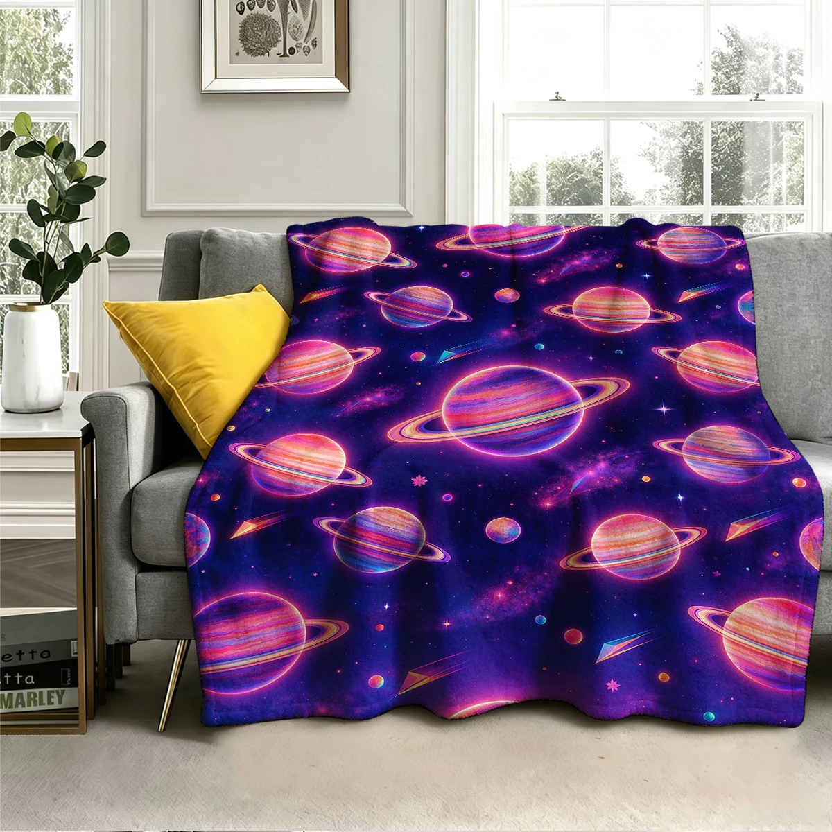 Neon Saturn Repeat Flannel Blanket Warm Soft Halloween Christmas Decorative Couch Warm Cozy All-Season Gift