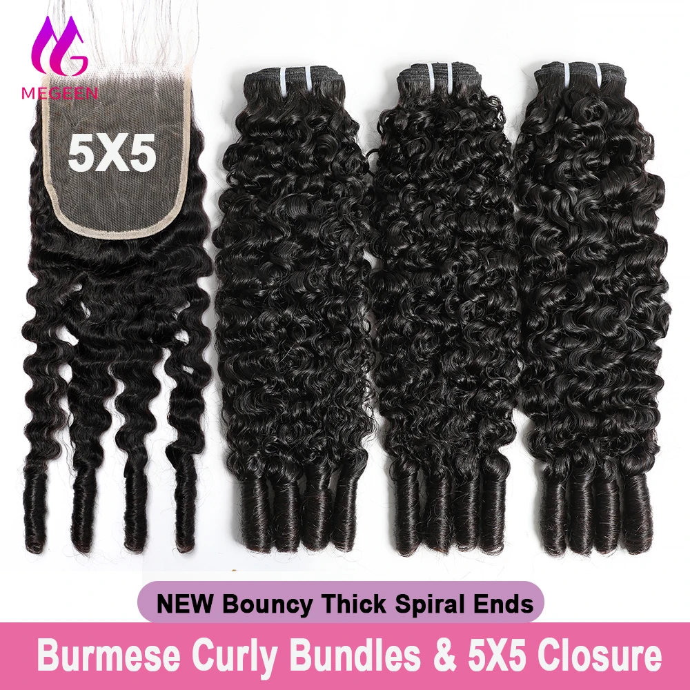 

Megeen Burmese Curly Bundles With Closure 5X5 Hd Transparent Lace Closure Frontal With Weave Hair Extensions 15A Raw Virgin Hair